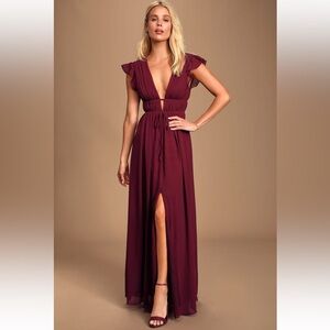 Lulu’s I'm All Yours Burgundy Ruffled Maxi Dress